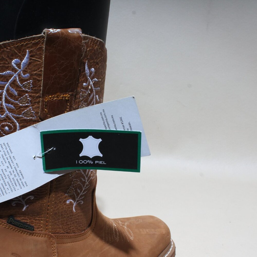 Womens Purepecha Boots Size 5.5 Brown Leather Pull On Mid Calf Cowgirl Western - Picture 4 of 8